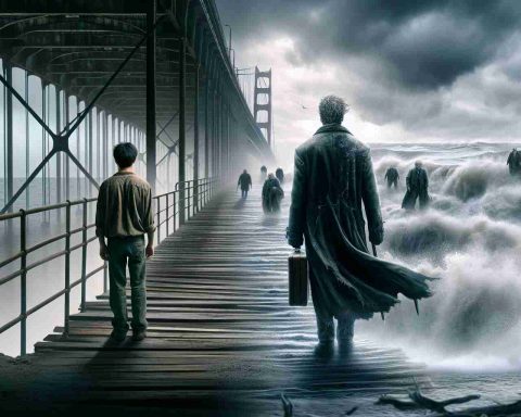 Generate a realistic high-definition image that portrays the metamorphosis from innocence to desperation. The scene could depict a lone, young, innocent, Asian male standing on one side of a bridge, and in stark contrast, the same man, older, weary, and desperate, standing on the other side. Bridge signifies the journey and transformation. Harsh weather conditions like stormy skies and turbulent waves below further amplify the harsh transformation.