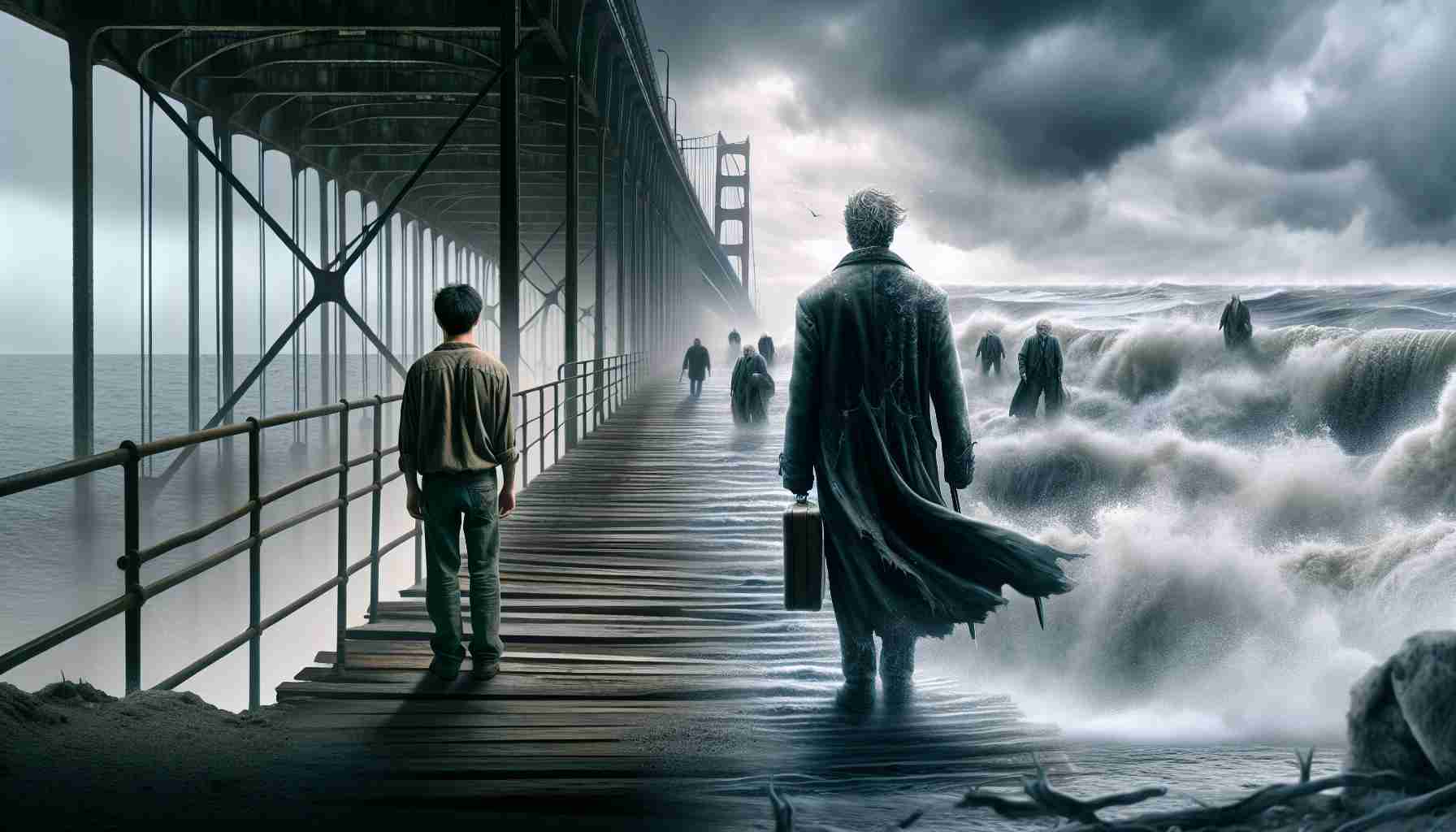 Generate a realistic high-definition image that portrays the metamorphosis from innocence to desperation. The scene could depict a lone, young, innocent, Asian male standing on one side of a bridge, and in stark contrast, the same man, older, weary, and desperate, standing on the other side. Bridge signifies the journey and transformation. Harsh weather conditions like stormy skies and turbulent waves below further amplify the harsh transformation.