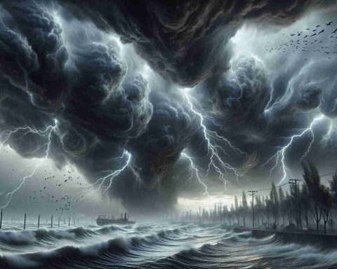 Generate a high-definition, realistic image depicting an incoming storm. The sky should be filled with turbulent, ominous clouds in various shades of grey and charcoal, streaked with bolts of bright lightning. Strong, formidable winds should be shown bending the trees and stirring up dust and debris. The setting could be a coastal region, with waves growing larger and more ferocious with the storm's approach. Include elements such as panicked birds fleeing to safer heights, and an echo of the storm's intensity reflected in nearby windows.