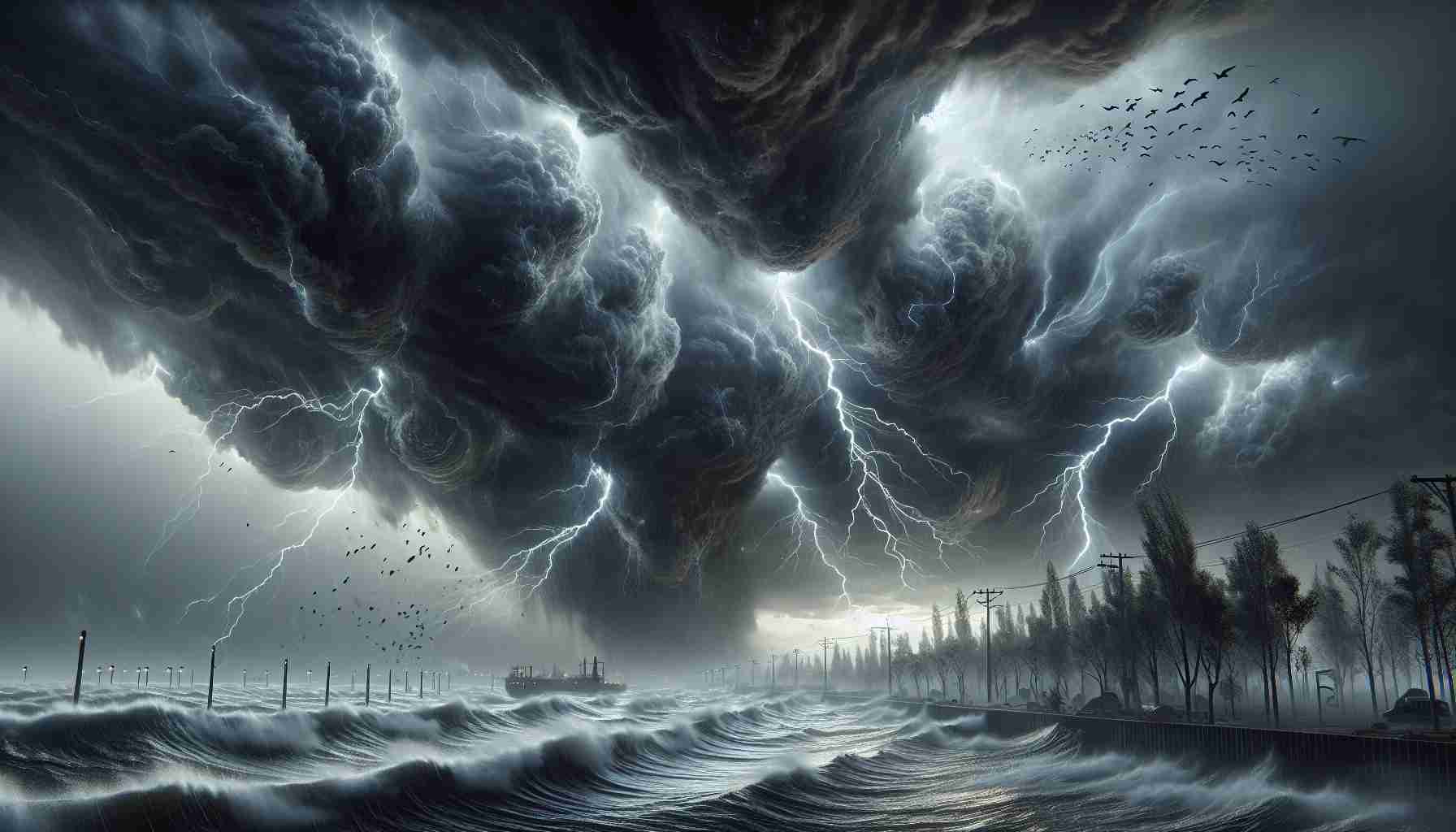 Generate a high-definition, realistic image depicting an incoming storm. The sky should be filled with turbulent, ominous clouds in various shades of grey and charcoal, streaked with bolts of bright lightning. Strong, formidable winds should be shown bending the trees and stirring up dust and debris. The setting could be a coastal region, with waves growing larger and more ferocious with the storm's approach. Include elements such as panicked birds fleeing to safer heights, and an echo of the storm's intensity reflected in nearby windows.