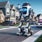 Create a realistic, high-definition image of an advanced robotic security system that is patrolling a neighborhood. The robot should depict futuristic technology and be equipped with tools for enhancing safety and security in neighborhood settings. It could be scanning the area with high-tech sensors or cameras and navigating the streets autonomously, demonstrating state-of-the-art artificial intelligence capabilities.