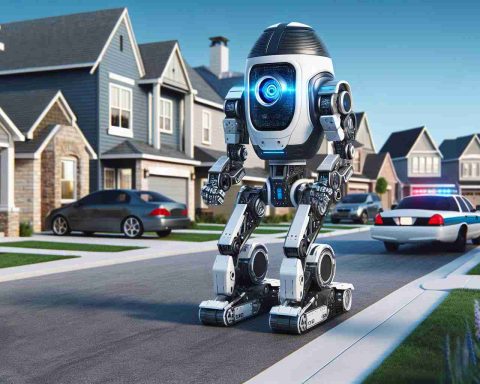 Create a realistic, high-definition image of an advanced robotic security system that is patrolling a neighborhood. The robot should depict futuristic technology and be equipped with tools for enhancing safety and security in neighborhood settings. It could be scanning the area with high-tech sensors or cameras and navigating the streets autonomously, demonstrating state-of-the-art artificial intelligence capabilities.