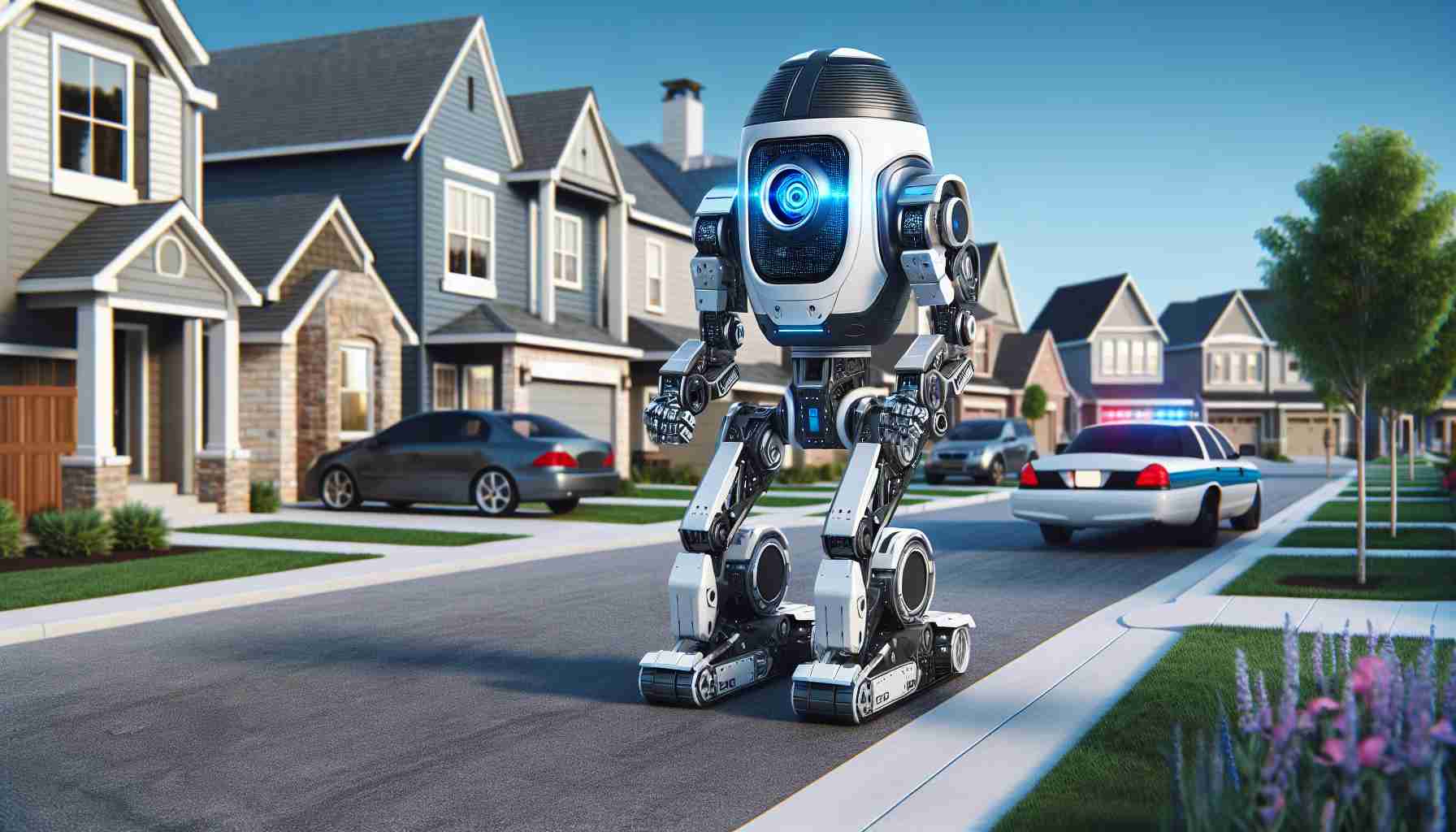 Create a realistic, high-definition image of an advanced robotic security system that is patrolling a neighborhood. The robot should depict futuristic technology and be equipped with tools for enhancing safety and security in neighborhood settings. It could be scanning the area with high-tech sensors or cameras and navigating the streets autonomously, demonstrating state-of-the-art artificial intelligence capabilities.