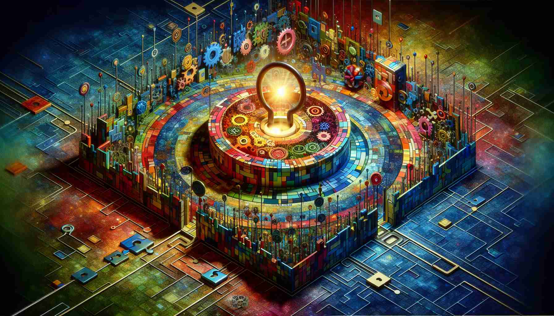 Generate a high-definition, realistic image of a contemporary puzzle game being unlocked. The image should portray a colorful and captivating puzzle, filled with enigmatic elements that indicate its complex and thought-provoking nature. Special attention should be paid to the moment of unearthing the hidden secrets, showcasing the exhilaration and satisfaction that comes with solving a complex puzzle.