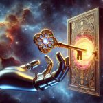 Illustrate a conceptual image representing the idea of 'Unlocking the Secrets of Self: Can Robots Teach Us About Who We Are?'. Depict a large, life-like robotic hand gently turning a golden key inside a symbolic lock on a metaphysical door. Let the door be adorned with intricate patterns and designs that represent symbols of the human mind. The door opens up into a universe filled with nebulae and stars, which represents the vastness and mystery of our self and consciousness. Render this image in high definition, detailed and realistic style.