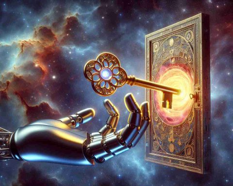 Illustrate a conceptual image representing the idea of 'Unlocking the Secrets of Self: Can Robots Teach Us About Who We Are?'. Depict a large, life-like robotic hand gently turning a golden key inside a symbolic lock on a metaphysical door. Let the door be adorned with intricate patterns and designs that represent symbols of the human mind. The door opens up into a universe filled with nebulae and stars, which represents the vastness and mystery of our self and consciousness. Render this image in high definition, detailed and realistic style.