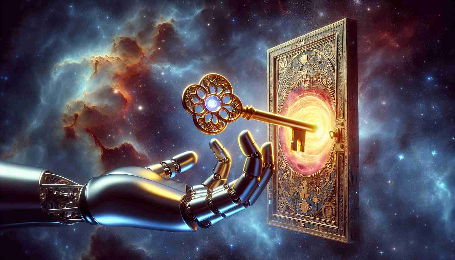 Illustrate a conceptual image representing the idea of 'Unlocking the Secrets of Self: Can Robots Teach Us About Who We Are?'. Depict a large, life-like robotic hand gently turning a golden key inside a symbolic lock on a metaphysical door. Let the door be adorned with intricate patterns and designs that represent symbols of the human mind. The door opens up into a universe filled with nebulae and stars, which represents the vastness and mystery of our self and consciousness. Render this image in high definition, detailed and realistic style.