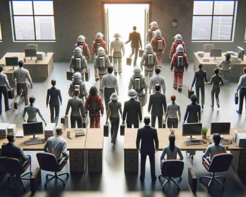 Realistic HD image visualizing a metaphorical scene where personnel are bracing for uncertainty under new leadership. This could be symbolized by a cluster of people standing in an office environment, with visible signs of apprehension and uncertainty. They could be among desks and computers, some looking at a closed door, possibly indicating the entrance of new management, while others may be holding objects symbolizing stability, like safety helmets or bracing rods. The mood should be tense but anticipatory.