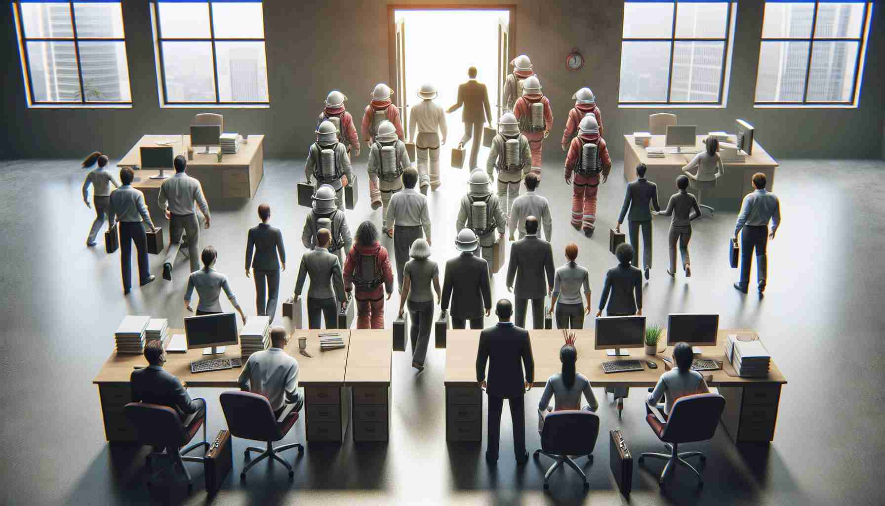 Realistic HD image visualizing a metaphorical scene where personnel are bracing for uncertainty under new leadership. This could be symbolized by a cluster of people standing in an office environment, with visible signs of apprehension and uncertainty. They could be among desks and computers, some looking at a closed door, possibly indicating the entrance of new management, while others may be holding objects symbolizing stability, like safety helmets or bracing rods. The mood should be tense but anticipatory.