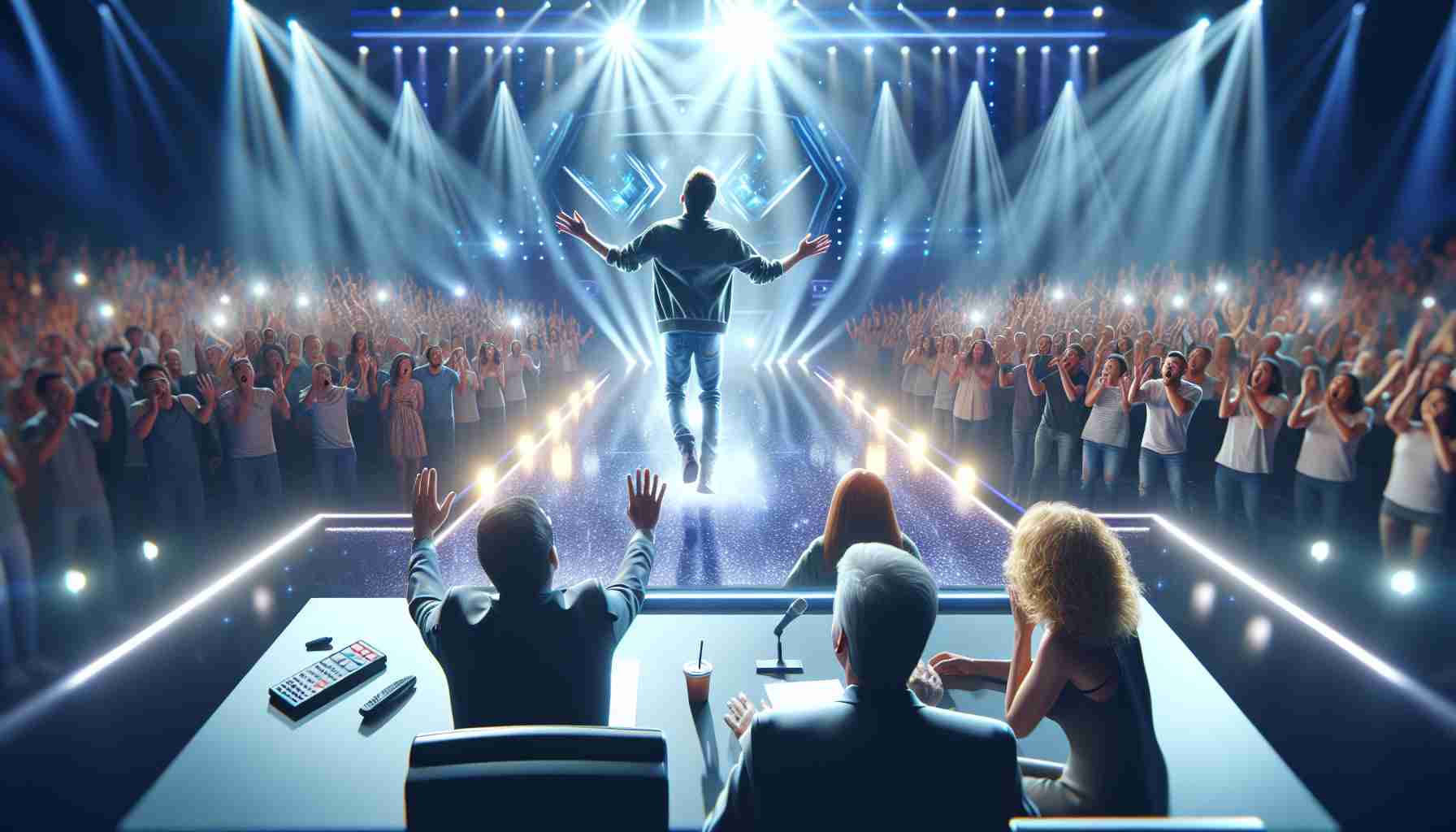 High resolution, photorealistic image of a surprising event happening on a popular singing competition show. The atmosphere is tense, with judges in shock as one of the participants voluntarily decides to leave the competition, causing an upset in the ongoing show. The stage is bathed in flashing lights while people in the audience, visible in the background, are seen reacting with shock and surprise.