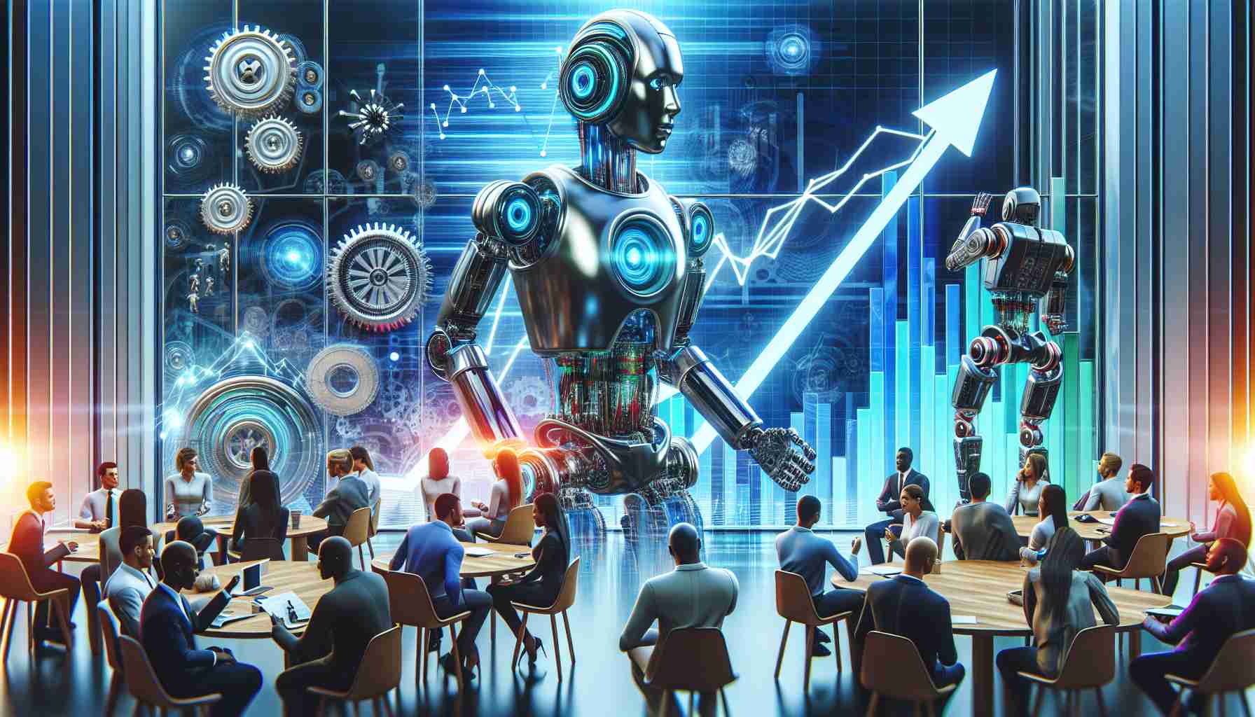 High-definition, realistic illustration showcasing the concept of Serve Robotics, a trend in the investment world. Image should encapsulate the energy and vibrancy of the subject. It might feature depictions of inventive robotic designs, futuristic settings, rising graphs depicting the growth in the field of Serve Robotics, and enthusiastic investors of varying genders and descents like Caucasian, Black, Hispanic, Middle-Eastern, and South Asian. To humanize the scene, you might show these individuals engaging in conversations, analyzing data or observing the robotic prototypes.