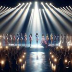 High-definition image of a grand stage, illuminated by radiant spotlights. On it, contestants from various countries, represented by diverse set of women - a confident Hispanic woman, a determined Middle-Eastern woman, a resolute South Asian woman, a spirited Caucasian woman, and a strong-willed Black woman, are poised and ready for the 'Miss International 2024 Showdown'. The air buzzes with anticipation as everyone waits for the moment of the grand unveiling.