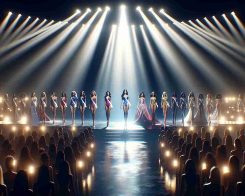 High-definition image of a grand stage, illuminated by radiant spotlights. On it, contestants from various countries, represented by diverse set of women - a confident Hispanic woman, a determined Middle-Eastern woman, a resolute South Asian woman, a spirited Caucasian woman, and a strong-willed Black woman, are poised and ready for the 'Miss International 2024 Showdown'. The air buzzes with anticipation as everyone waits for the moment of the grand unveiling.