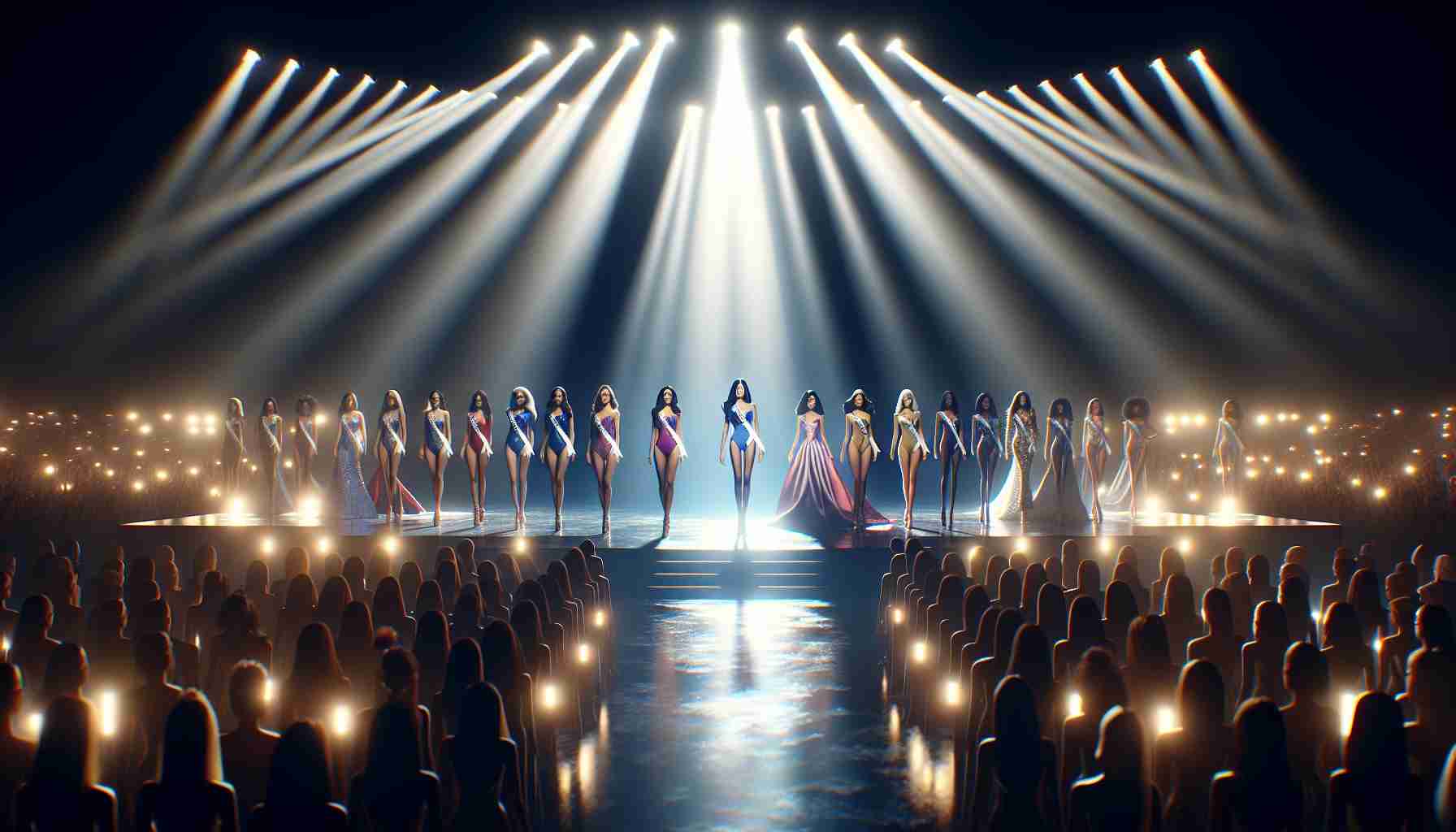 High-definition image of a grand stage, illuminated by radiant spotlights. On it, contestants from various countries, represented by diverse set of women - a confident Hispanic woman, a determined Middle-Eastern woman, a resolute South Asian woman, a spirited Caucasian woman, and a strong-willed Black woman, are poised and ready for the 'Miss International 2024 Showdown'. The air buzzes with anticipation as everyone waits for the moment of the grand unveiling.