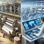 Illustrate a realistic, high-definition image that showcases the evolution of textile industry due to automation. Depict a innovative textile mill where various automated machinery are in operation. The machines are processing raw cotton fibers into yarns with minimal human intervention. On one side of the image, represent how manual labor was predominant in the past with a scene of a South Asian woman working at a loom. On the other side, visualize a white male supervisor operating a touch screen control panel, demonstrating the modern, technological advancement in textile production.