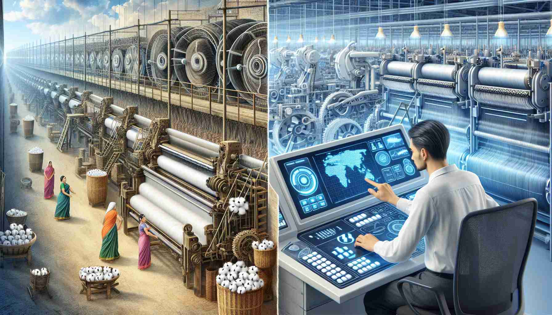 Illustrate a realistic, high-definition image that showcases the evolution of textile industry due to automation. Depict a innovative textile mill where various automated machinery are in operation. The machines are processing raw cotton fibers into yarns with minimal human intervention. On one side of the image, represent how manual labor was predominant in the past with a scene of a South Asian woman working at a loom. On the other side, visualize a white male supervisor operating a touch screen control panel, demonstrating the modern, technological advancement in textile production.