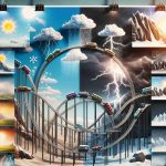 An HD photo demonstrating the concept of a 'weather rollercoaster'. Depict a rollercoaster with varying weather conditions along its path. Start with a bright, sunny start, then show a sudden storm brewing, with heavy rain and lightning. The rollercoaster then moves into a snowy area, with snowflakes flying around. At the end of the ride, demonstrate a perfect rainbow in a clear sky. Remember, each phase of the ride must physically be part of the rollercoaster's track, showcasing the wild, unpredictable nature of weather.