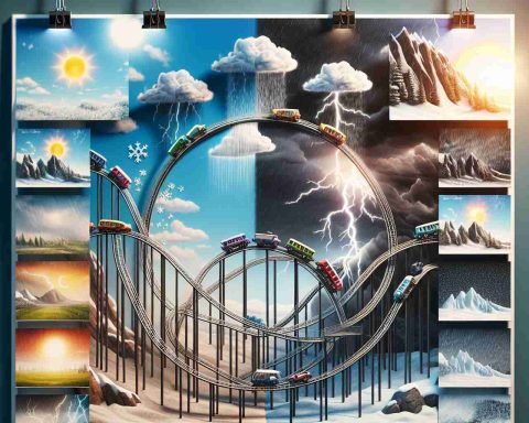 An HD photo demonstrating the concept of a 'weather rollercoaster'. Depict a rollercoaster with varying weather conditions along its path. Start with a bright, sunny start, then show a sudden storm brewing, with heavy rain and lightning. The rollercoaster then moves into a snowy area, with snowflakes flying around. At the end of the ride, demonstrate a perfect rainbow in a clear sky. Remember, each phase of the ride must physically be part of the rollercoaster's track, showcasing the wild, unpredictable nature of weather.