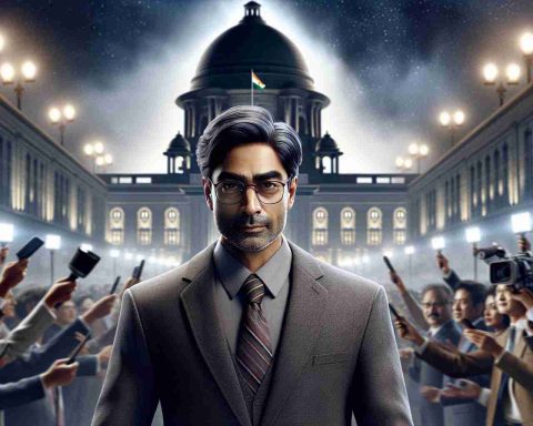 A high-definition, realistic image depicting a scene where a former businessman, of South Asian descent and sporting a grey suit and glasses, is about to enter a large historical building, presumably where the key cabinet role lies. The setting reflects the intensity of politics, with bustling crowd, reporters and flashlights in the background, capturing the tension and anticipation of the moment.