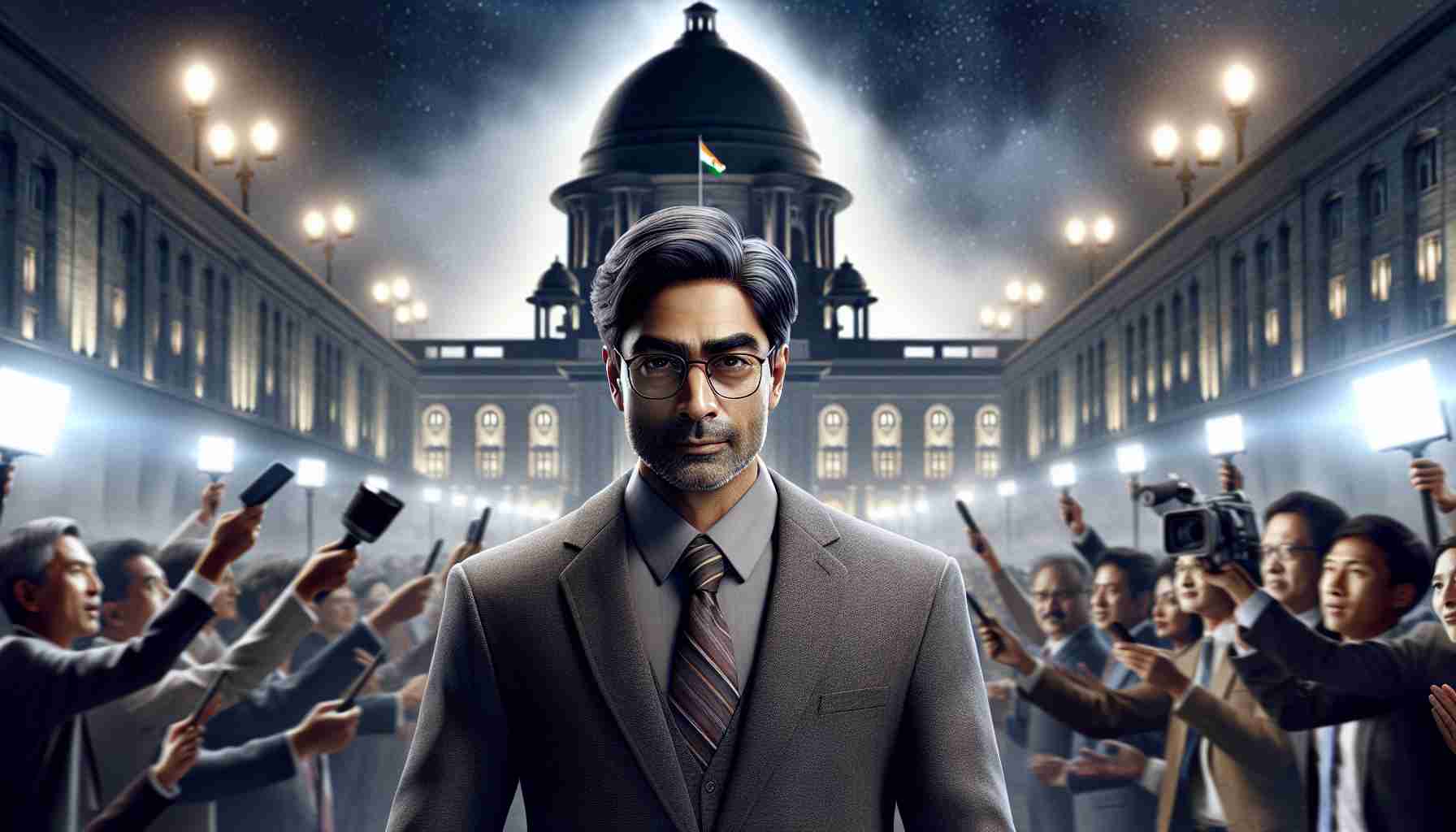 A high-definition, realistic image depicting a scene where a former businessman, of South Asian descent and sporting a grey suit and glasses, is about to enter a large historical building, presumably where the key cabinet role lies. The setting reflects the intensity of politics, with bustling crowd, reporters and flashlights in the background, capturing the tension and anticipation of the moment.