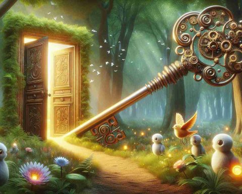 Imagine a high definition, realistic image visualizing the concept of unlocking nature's secrets. This could be depicted through a symbolic large, ancient door standing in the middle of a lush forest, and the door is half open with a warm, welcoming light streaming through. Next to it, there's an oversized, ornate key made of complex gears and springs reminiscent of advanced robotics. Around it, beautiful soft robots in the shape of animals, birds and insects inspired by nature, are interacting with the key and the door indicating the process of exploration and discovery.