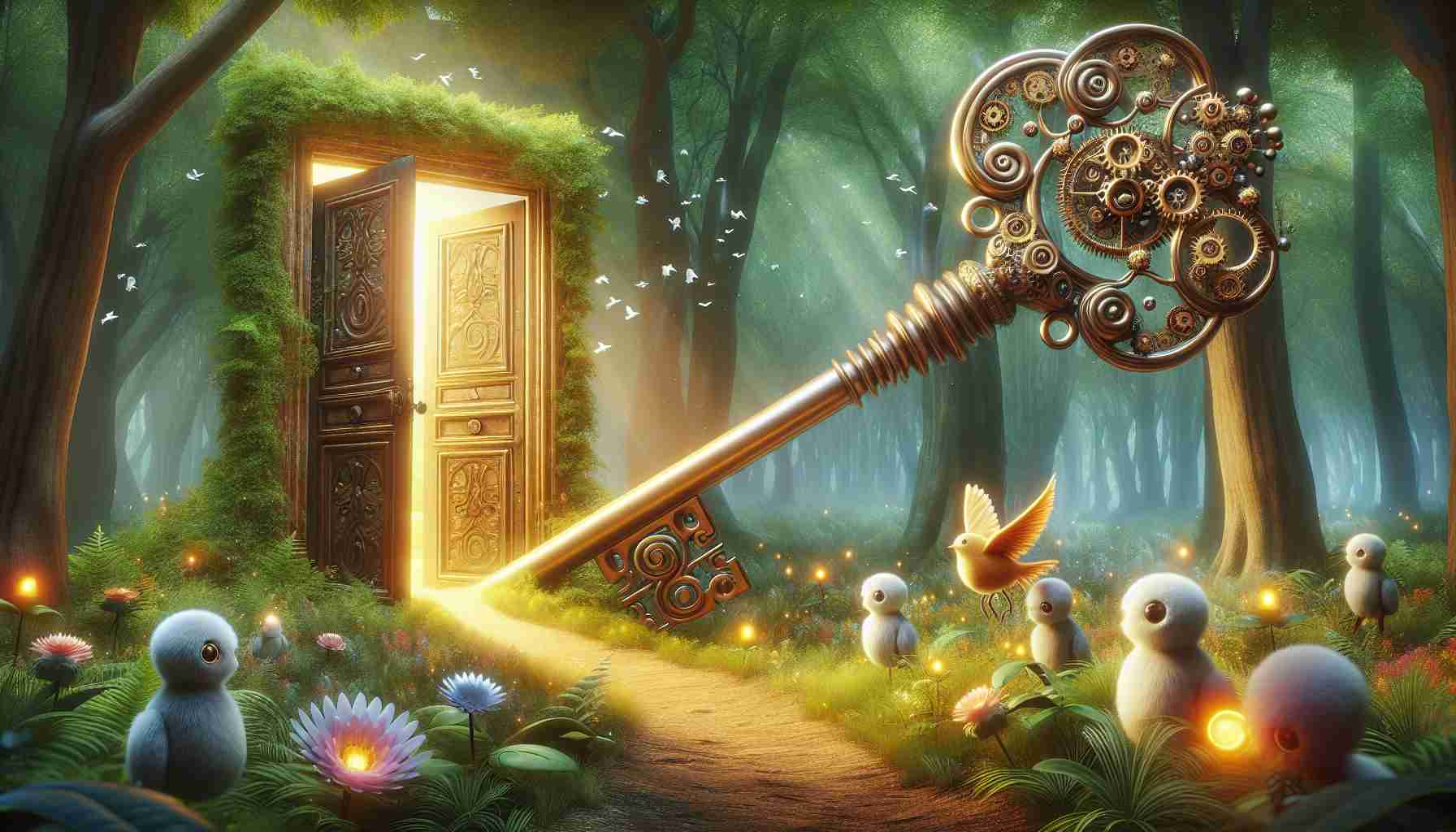 Imagine a high definition, realistic image visualizing the concept of unlocking nature's secrets. This could be depicted through a symbolic large, ancient door standing in the middle of a lush forest, and the door is half open with a warm, welcoming light streaming through. Next to it, there's an oversized, ornate key made of complex gears and springs reminiscent of advanced robotics. Around it, beautiful soft robots in the shape of animals, birds and insects inspired by nature, are interacting with the key and the door indicating the process of exploration and discovery.