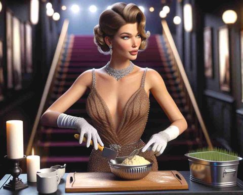 A realistic HD image of a generic female celebrity with glamorous evening attire engaging in a surprising yet casual activity, such as gardening or baking.