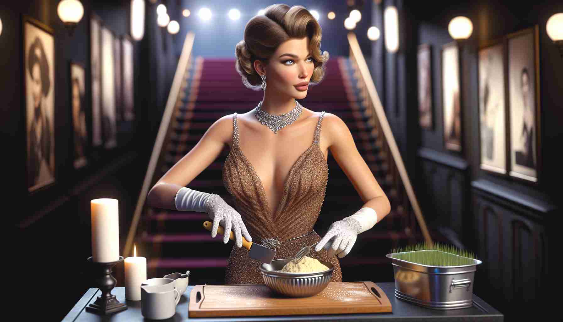 A realistic HD image of a generic female celebrity with glamorous evening attire engaging in a surprising yet casual activity, such as gardening or baking.