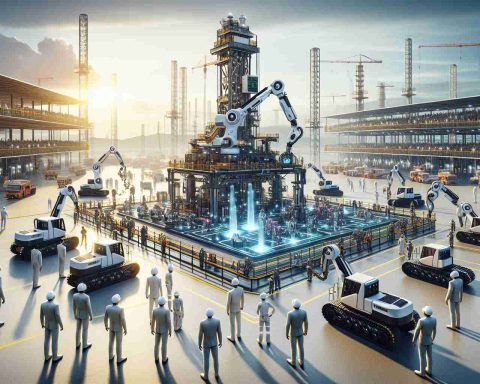 Create a realistic, high-definition image of a scene showcasing the future of automation in Malaysia's oil drilling industry. This scene might include advanced machinery such as automated drilling rigs and robotic arms at work in a large industrial setting. The location could be a vast, futuristic oil field under the bright sun, reflecting the wealth and prosperity of the industry. Several workers of balanced genders and diverse ethnic backgrounds, including Malaysian, Chinese, and Indian, are observing and operating the machines from a safe distance, highlighting a harmonious relationship between humans and machines.