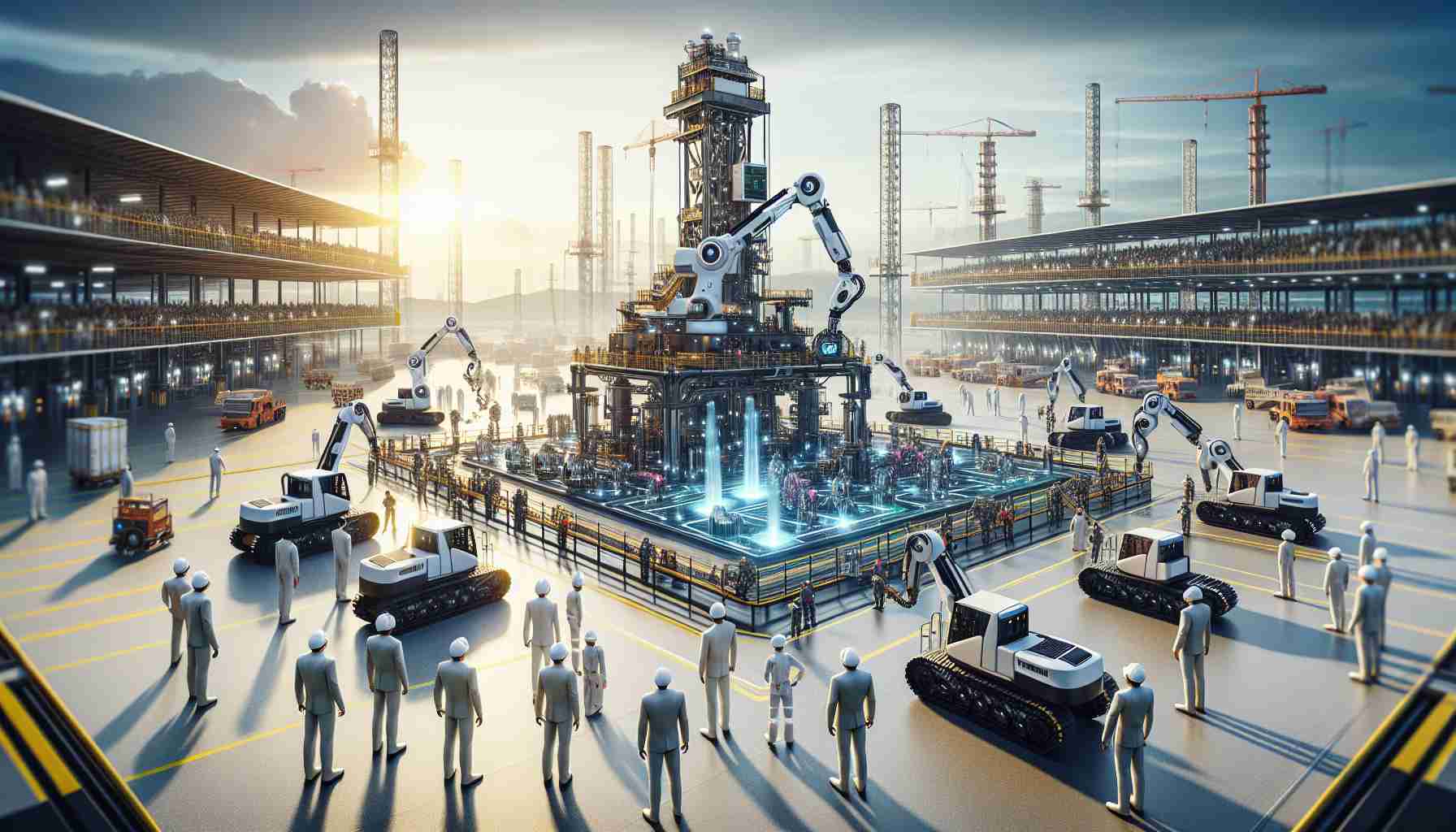 Create a realistic, high-definition image of a scene showcasing the future of automation in Malaysia's oil drilling industry. This scene might include advanced machinery such as automated drilling rigs and robotic arms at work in a large industrial setting. The location could be a vast, futuristic oil field under the bright sun, reflecting the wealth and prosperity of the industry. Several workers of balanced genders and diverse ethnic backgrounds, including Malaysian, Chinese, and Indian, are observing and operating the machines from a safe distance, highlighting a harmonious relationship between humans and machines.