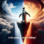 An image representing the conceptual question 'Is the Penguin Rising or Falling?'. The illustration should be rendered in a realistic high-definition style. The image could depict a penguin perched on a cliff's edge, with a background filled with dramatic clouds to imply uncertainty. Key elements in the image should suggest both ascension and descent – perhaps strong upward winds trying to lift the penguin combined with a steep, perilous drop below. The image should have dramatic lighting to evoke the sense of 'shocking twists unveiled'.