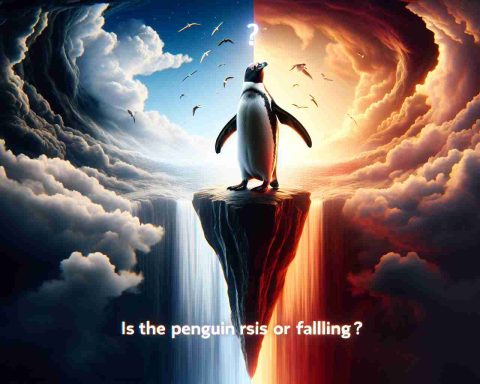 An image representing the conceptual question 'Is the Penguin Rising or Falling?'. The illustration should be rendered in a realistic high-definition style. The image could depict a penguin perched on a cliff's edge, with a background filled with dramatic clouds to imply uncertainty. Key elements in the image should suggest both ascension and descent – perhaps strong upward winds trying to lift the penguin combined with a steep, perilous drop below. The image should have dramatic lighting to evoke the sense of 'shocking twists unveiled'.