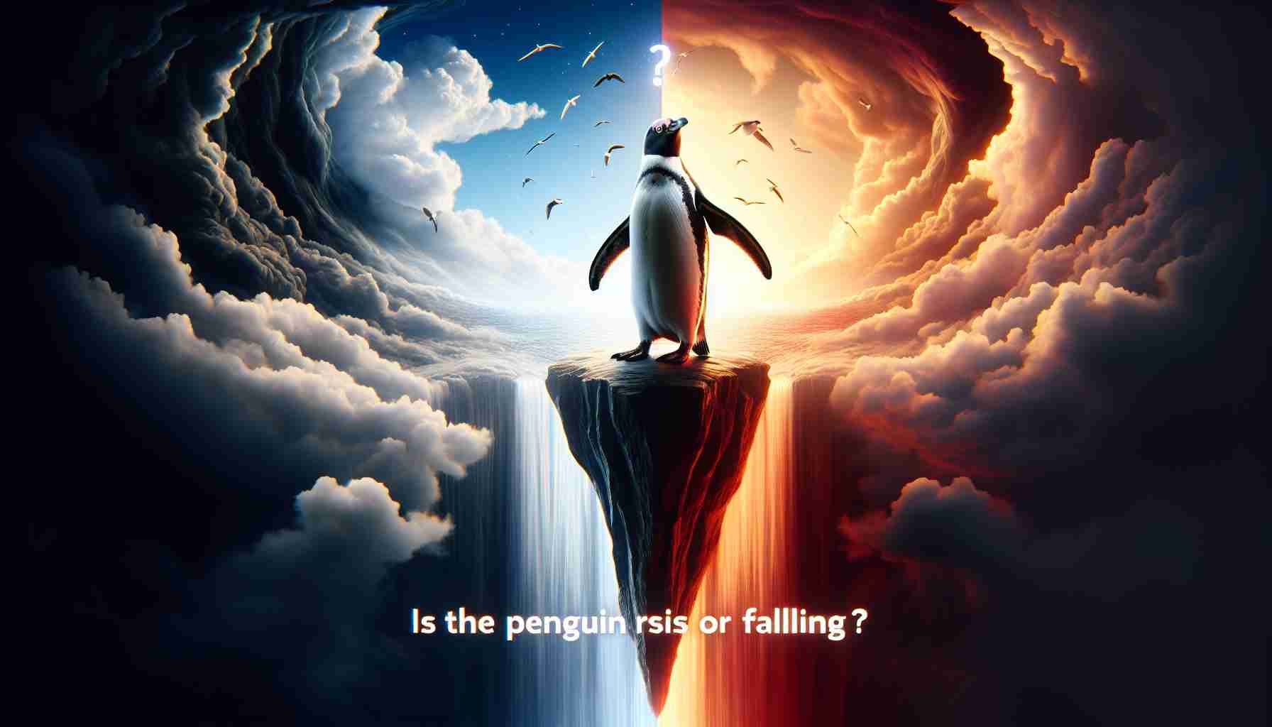 An image representing the conceptual question 'Is the Penguin Rising or Falling?'. The illustration should be rendered in a realistic high-definition style. The image could depict a penguin perched on a cliff's edge, with a background filled with dramatic clouds to imply uncertainty. Key elements in the image should suggest both ascension and descent – perhaps strong upward winds trying to lift the penguin combined with a steep, perilous drop below. The image should have dramatic lighting to evoke the sense of 'shocking twists unveiled'.