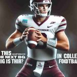 Create a high-quality image of a college football quarterback in action, showcasing his ability on the field. He is focused, determined, and looks like a rising star. The uniform is maroon and white, and he is wearing a quarterback number. On the sidelines, the words 'Is this quarterback the next big thing in College Football?' are visible on a banner.