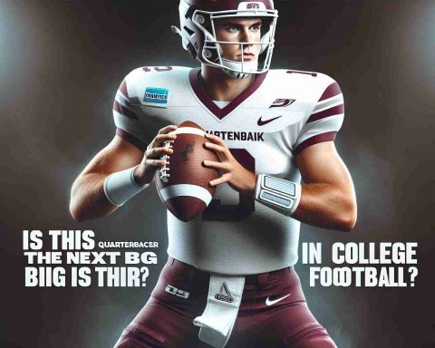 Create a high-quality image of a college football quarterback in action, showcasing his ability on the field. He is focused, determined, and looks like a rising star. The uniform is maroon and white, and he is wearing a quarterback number. On the sidelines, the words 'Is this quarterback the next big thing in College Football?' are visible on a banner.