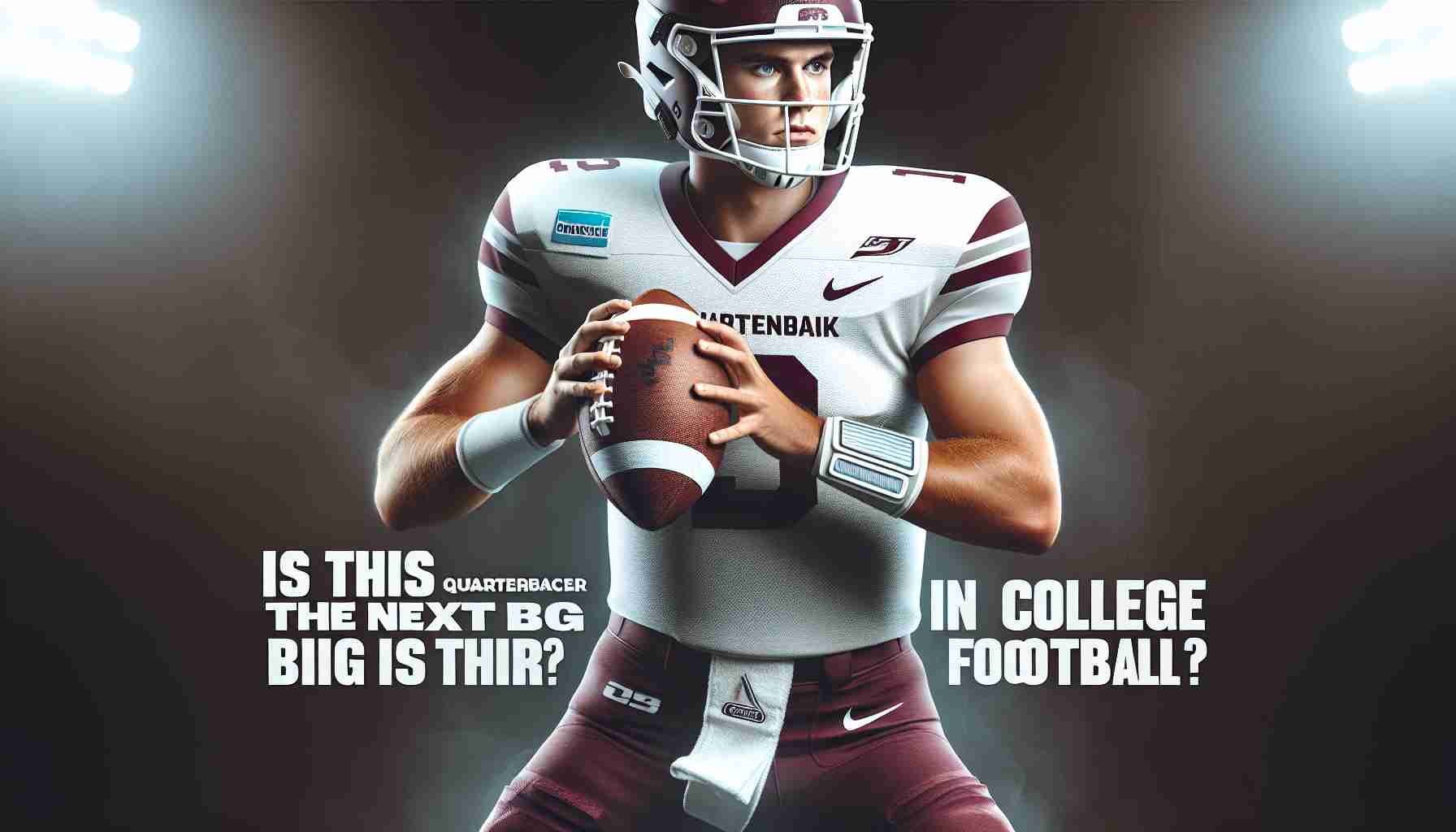 Create a high-quality image of a college football quarterback in action, showcasing his ability on the field. He is focused, determined, and looks like a rising star. The uniform is maroon and white, and he is wearing a quarterback number. On the sidelines, the words 'Is this quarterback the next big thing in College Football?' are visible on a banner.