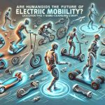 An illustrative and high definition image concept displaying an array of futuristic humanoid robots engaged in various forms of electric mobility like Hoverboards, electric bikes, electric scooters to represent the potential future shift in our transportation system. Incorporate details to show high technology advancements in mechanics and artificial intelligence. The title, 'Are Humanoids the Future of Electric Mobility? Discover This Game-Changing Shift', appears in an attention-grabbing font at the top.