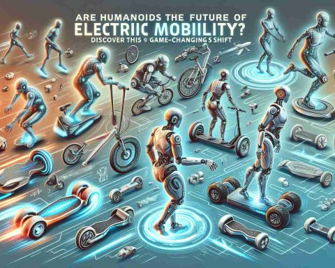 An illustrative and high definition image concept displaying an array of futuristic humanoid robots engaged in various forms of electric mobility like Hoverboards, electric bikes, electric scooters to represent the potential future shift in our transportation system. Incorporate details to show high technology advancements in mechanics and artificial intelligence. The title, 'Are Humanoids the Future of Electric Mobility? Discover This Game-Changing Shift', appears in an attention-grabbing font at the top.