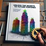 A high-definition, realistic image of an investment guide titled 'Unlock the Secrets to Future Fortunes'. On the cover, three outlined shapes represent three different companies worth watching. One shape is a towering colorful skyscraper to symbolize a booming property business, another shape is a gear, signifying an innovative technology firm, and the last shape is of a green leaf denoting a sustainable agriculture industry.