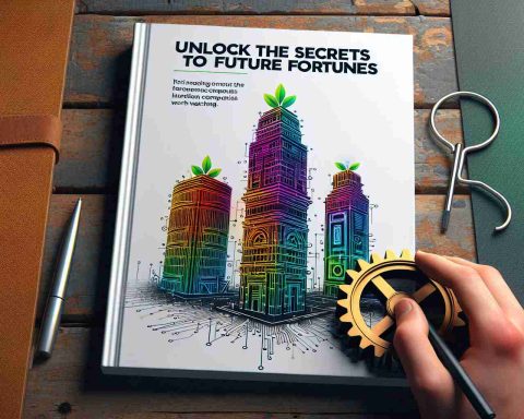 A high-definition, realistic image of an investment guide titled 'Unlock the Secrets to Future Fortunes'. On the cover, three outlined shapes represent three different companies worth watching. One shape is a towering colorful skyscraper to symbolize a booming property business, another shape is a gear, signifying an innovative technology firm, and the last shape is of a green leaf denoting a sustainable agriculture industry.