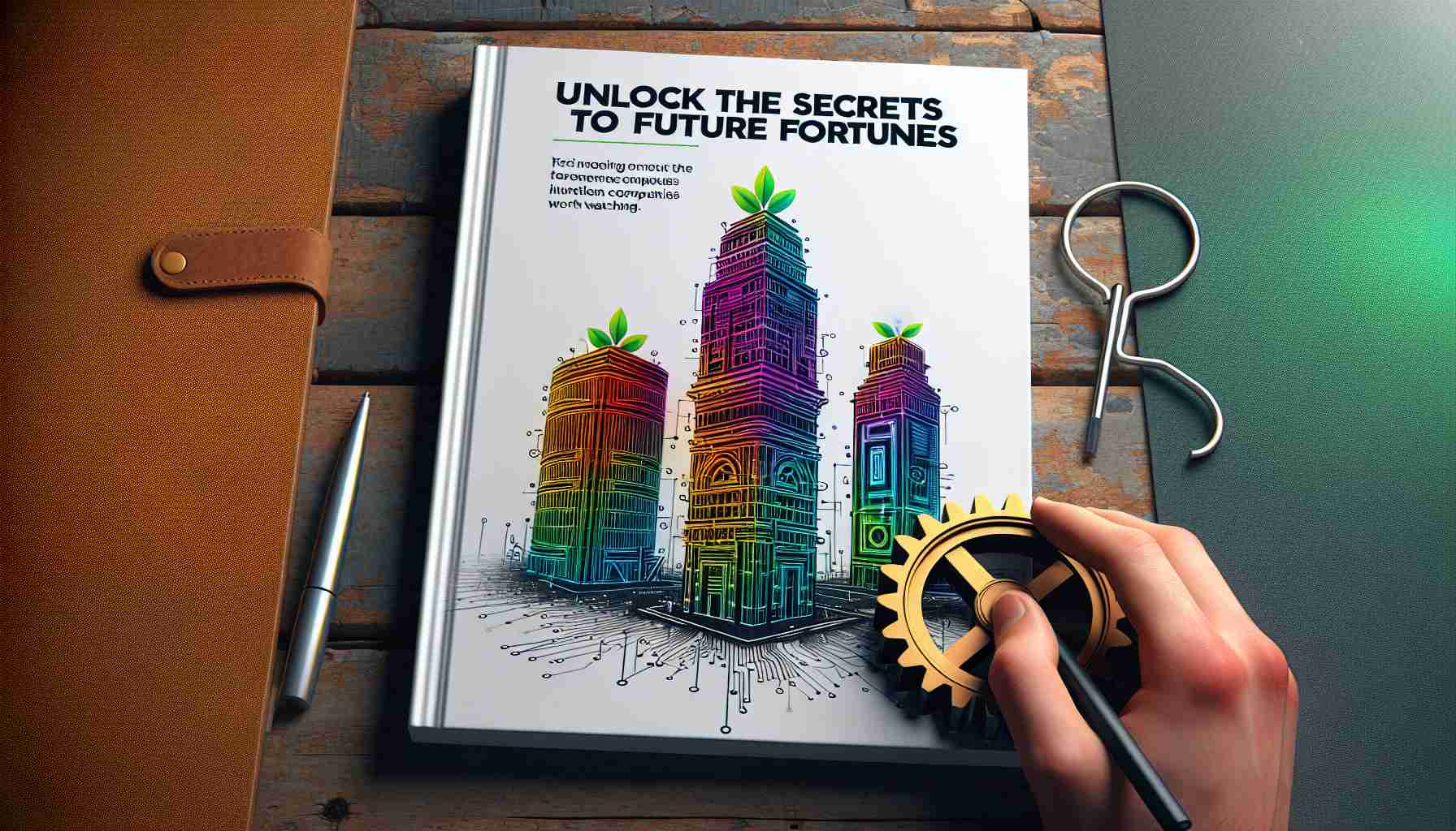 A high-definition, realistic image of an investment guide titled 'Unlock the Secrets to Future Fortunes'. On the cover, three outlined shapes represent three different companies worth watching. One shape is a towering colorful skyscraper to symbolize a booming property business, another shape is a gear, signifying an innovative technology firm, and the last shape is of a green leaf denoting a sustainable agriculture industry.