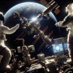 High-definition, realistic image of a tense situation in space: an air leak crisis between two major space exploration entities. The image should include imagery indicative of both parties, like different space stations or space crafts, astronauts wearing different types of suits, logos, etc., but should not explicitly name or depict any specific organizations. The background should be the ominous blackness of space with distant stars, and the focus is on the issue at hand – a visible air leak, symbolizing the crisis. Show the astronauts working together to resolve the situation, highlighting cooperation despite differences.