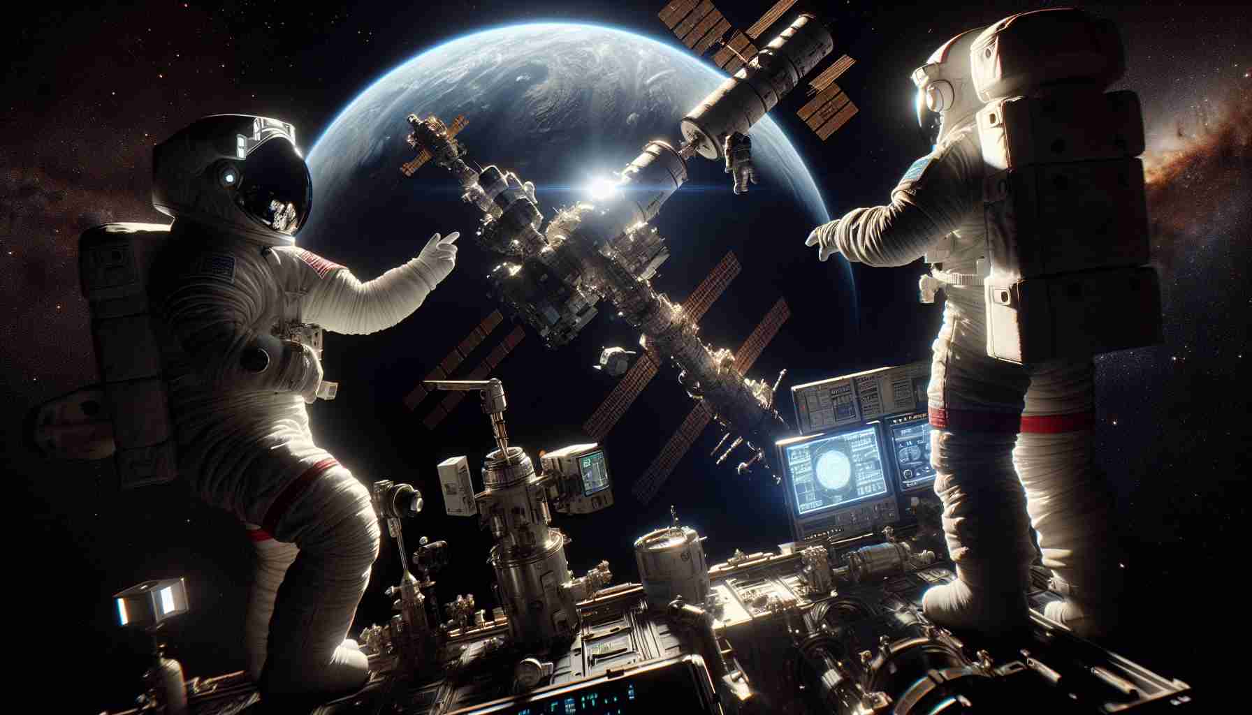 High-definition, realistic image of a tense situation in space: an air leak crisis between two major space exploration entities. The image should include imagery indicative of both parties, like different space stations or space crafts, astronauts wearing different types of suits, logos, etc., but should not explicitly name or depict any specific organizations. The background should be the ominous blackness of space with distant stars, and the focus is on the issue at hand – a visible air leak, symbolizing the crisis. Show the astronauts working together to resolve the situation, highlighting cooperation despite differences.