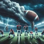 An HD image displaying a conceptual representation of the football team, Falcons, as they face challenging times due to injuries. The setting is on the field, with stormy clouds hinting at an upcoming difficult match taking place on Sunday. The atmosphere is tense and serious. A few players remain, visibly tenacious and determined, while symbolic representations of sidelined players hint at their injuries.