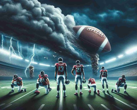 An HD image displaying a conceptual representation of the football team, Falcons, as they face challenging times due to injuries. The setting is on the field, with stormy clouds hinting at an upcoming difficult match taking place on Sunday. The atmosphere is tense and serious. A few players remain, visibly tenacious and determined, while symbolic representations of sidelined players hint at their injuries.