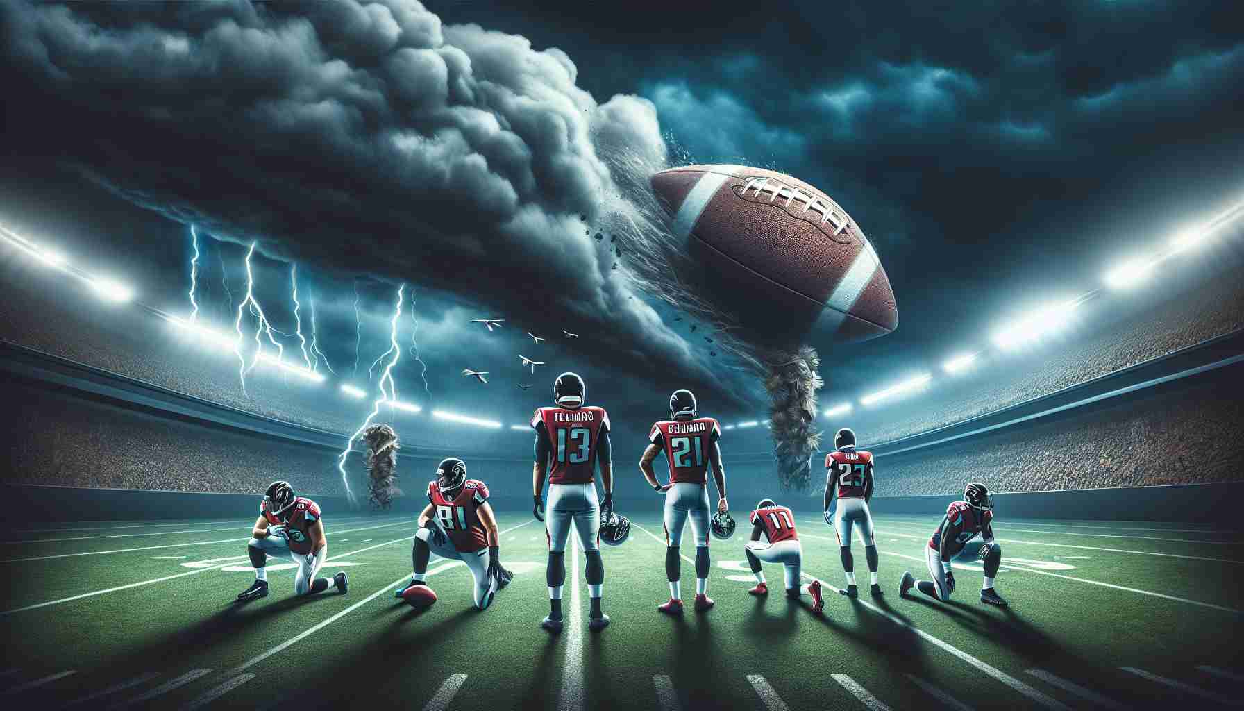 An HD image displaying a conceptual representation of the football team, Falcons, as they face challenging times due to injuries. The setting is on the field, with stormy clouds hinting at an upcoming difficult match taking place on Sunday. The atmosphere is tense and serious. A few players remain, visibly tenacious and determined, while symbolic representations of sidelined players hint at their injuries.