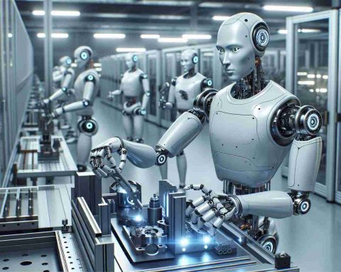 A high-definition, realistic image of humanoid robots functioning in a factory setting. These robots demonstrate remarkable capabilities, performing tasks that may surprise you. The robots are streamlined silver metallic figures, with illuminated optical sensors, and hands designed for precision task execution. Machinery parts are being managed by them with remarkable precision, suggesting a potential future where they may dominate the manufacturing landscape.