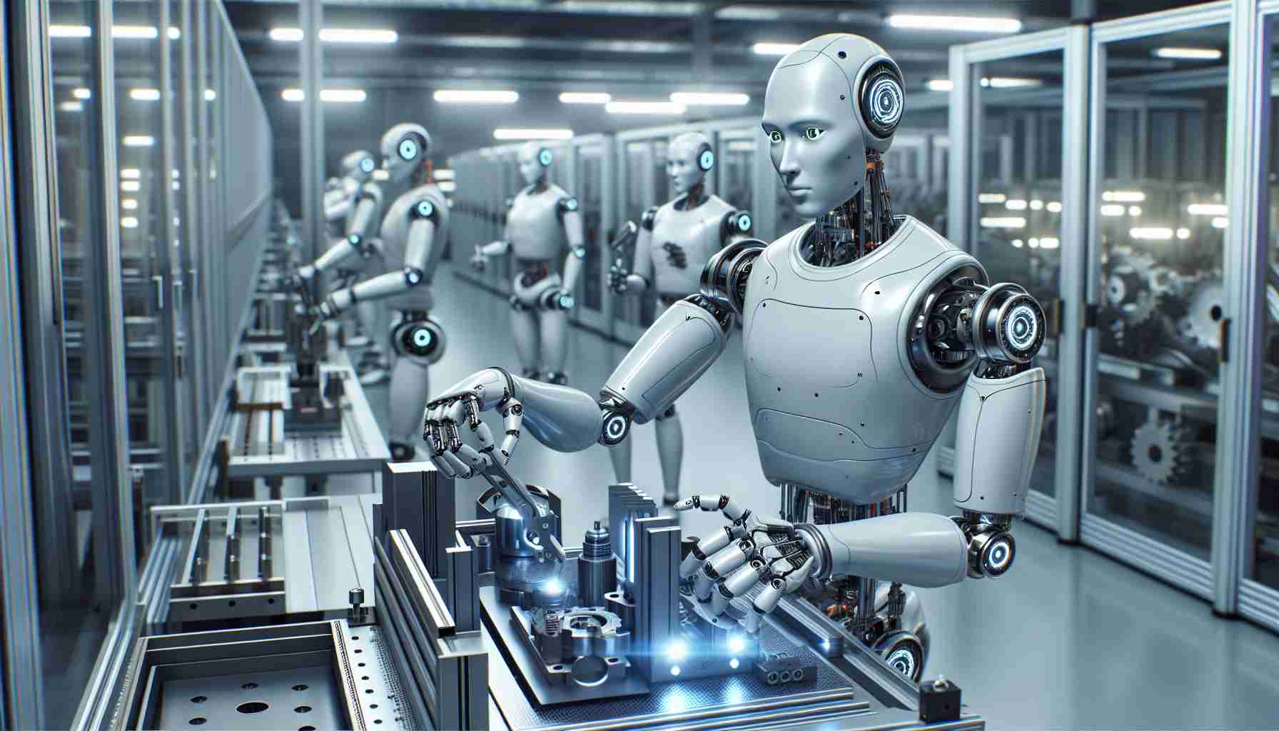 A high-definition, realistic image of humanoid robots functioning in a factory setting. These robots demonstrate remarkable capabilities, performing tasks that may surprise you. The robots are streamlined silver metallic figures, with illuminated optical sensors, and hands designed for precision task execution. Machinery parts are being managed by them with remarkable precision, suggesting a potential future where they may dominate the manufacturing landscape.