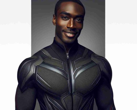 A photo of a muscular Black male actor donning a mysterious, original super hero costume inspired by Marvel Universe. The costume is exquisitely detailed with futuristic design elements and captures the spirit of superhero aesthetics. The man showcases a charismatic smile, akin to the charm of a renowned actor. However, the actor's appearance is slightly altered to ensure anonymity.