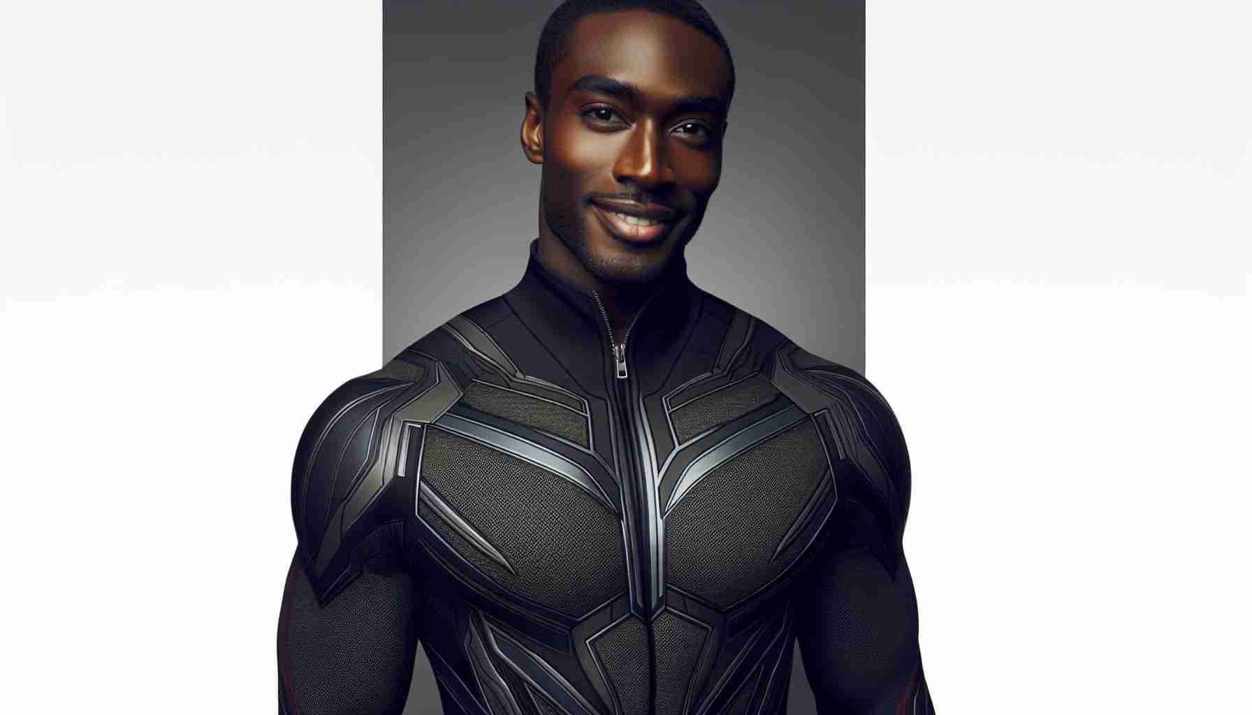 A photo of a muscular Black male actor donning a mysterious, original super hero costume inspired by Marvel Universe. The costume is exquisitely detailed with futuristic design elements and captures the spirit of superhero aesthetics. The man showcases a charismatic smile, akin to the charm of a renowned actor. However, the actor's appearance is slightly altered to ensure anonymity.